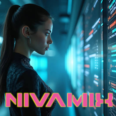 Image of a woman starring at the wall panel and the Nivamix logo. Design by Nivamix