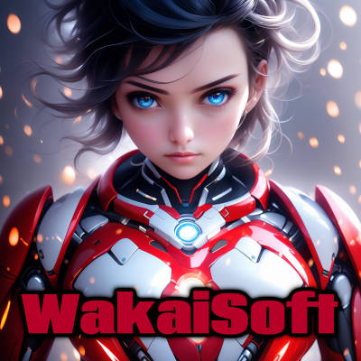 Image of a young girl with blue eyes on a white and red sci fi suit, looking at the camera. Design by WakaiSoft.